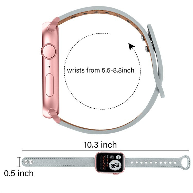 For Apple Watch Series 10 46mm / Ultra 2 Ultra 49mm / 9 8 7 45mm / SE (2023) SE (2022) SE 6 5 4 44mm / 3 2 1 42mm Genuine Leather Watch Strap Double Rivet Wrist Band, Rose Gold Connector - Grey