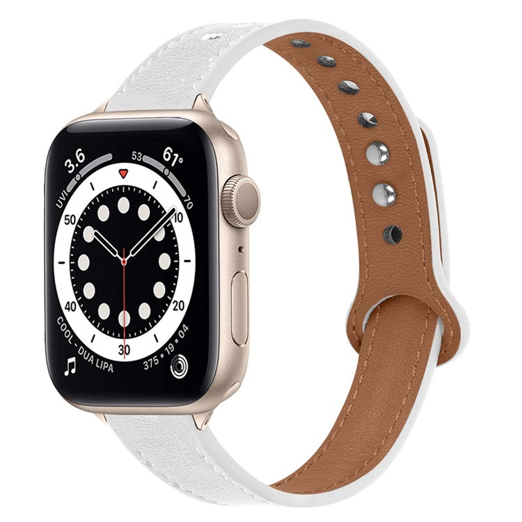 For Apple Watch Series 10 42mm / 9 8 7 41mm / 6 5 4 SE SE (2022) SE (2023) 40mm / 3 2 1 38mm Genuine Cowhide Leather Watch Band Double Snap Button Watch Strap (Retro Gold Connector) - White