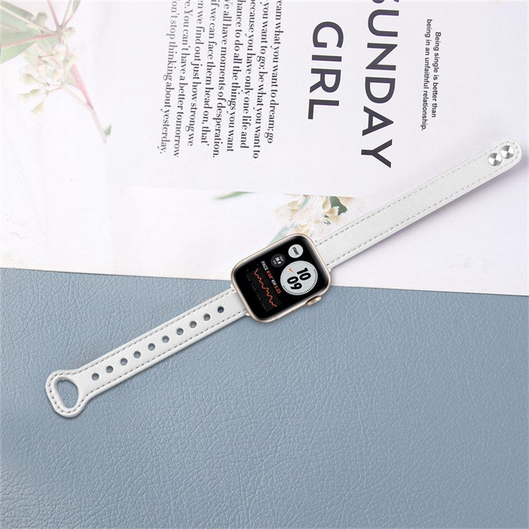 For Apple Watch Series 10 42mm / 9 8 7 41mm / 6 5 4 SE SE (2022) SE (2023) 40mm / 3 2 1 38mm Genuine Cowhide Leather Watch Band Double Snap Button Watch Strap (Retro Gold Connector) - White