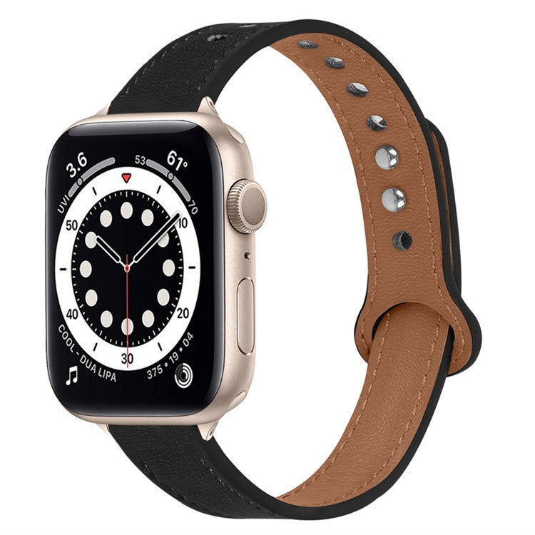For Apple Watch Series 10 42mm / 9 8 7 41mm / 6 5 4 SE SE (2022) SE (2023) 40mm / 3 2 1 38mm Genuine Cowhide Leather Watch Band Double Snap Button Watch Strap (Retro Gold Connector) - Black