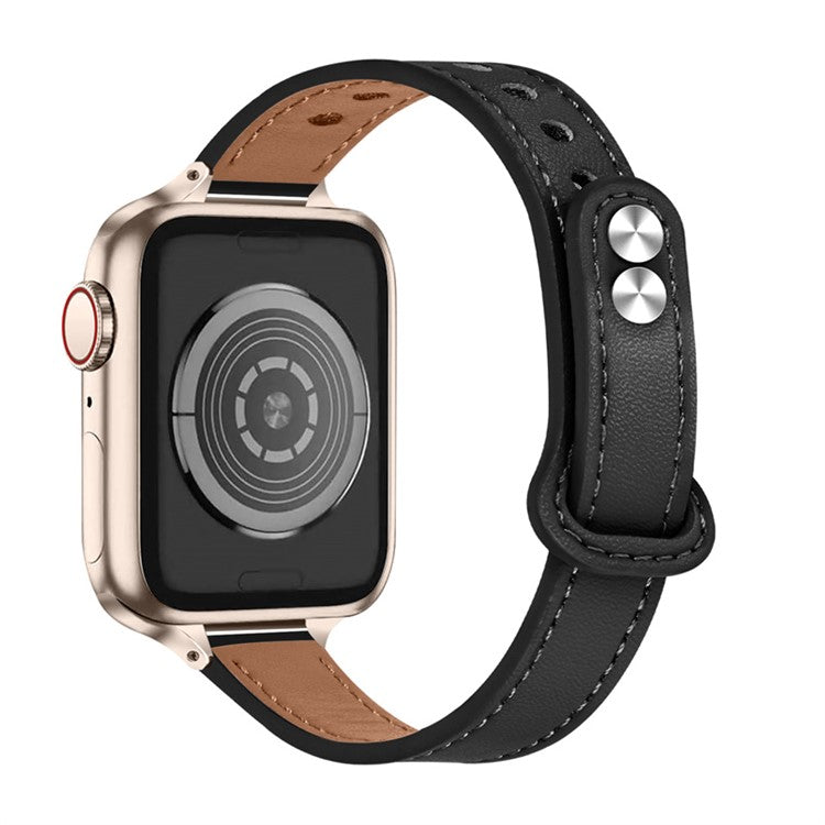 For Apple Watch Series 10 42mm / 9 8 7 41mm / 6 5 4 SE SE (2022) SE (2023) 40mm / 3 2 1 38mm Genuine Cowhide Leather Watch Band Double Snap Button Watch Strap (Retro Gold Connector) - Black