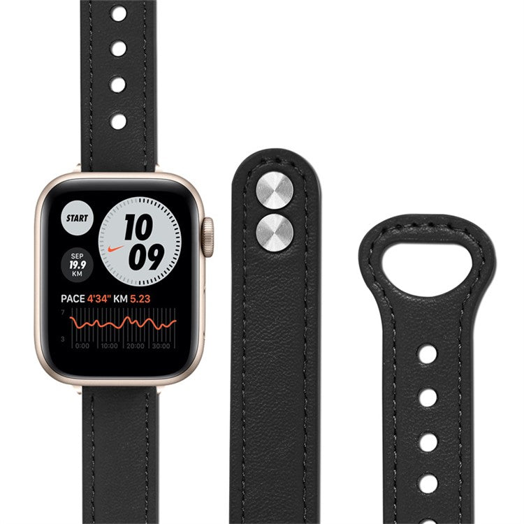For Apple Watch Series 10 42mm / 9 8 7 41mm / 6 5 4 SE SE (2022) SE (2023) 40mm / 3 2 1 38mm Genuine Cowhide Leather Watch Band Double Snap Button Watch Strap (Retro Gold Connector) - Black