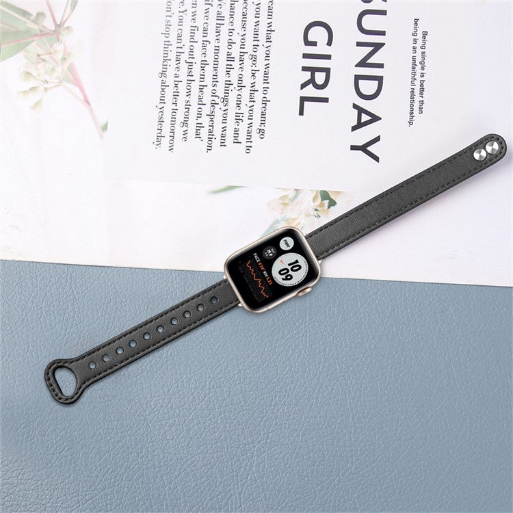 For Apple Watch Series 10 42mm / 9 8 7 41mm / 6 5 4 SE SE (2022) SE (2023) 40mm / 3 2 1 38mm Genuine Cowhide Leather Watch Band Double Snap Button Watch Strap (Retro Gold Connector) - Black