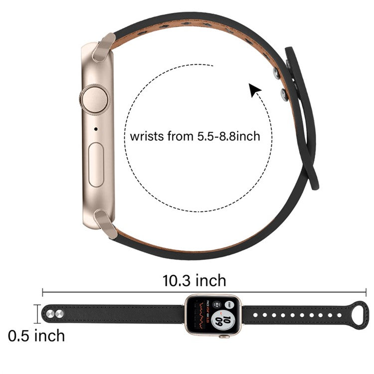 For Apple Watch Series 10 42mm / 9 8 7 41mm / 6 5 4 SE SE (2022) SE (2023) 40mm / 3 2 1 38mm Genuine Cowhide Leather Watch Band Double Snap Button Watch Strap (Retro Gold Connector) - Black