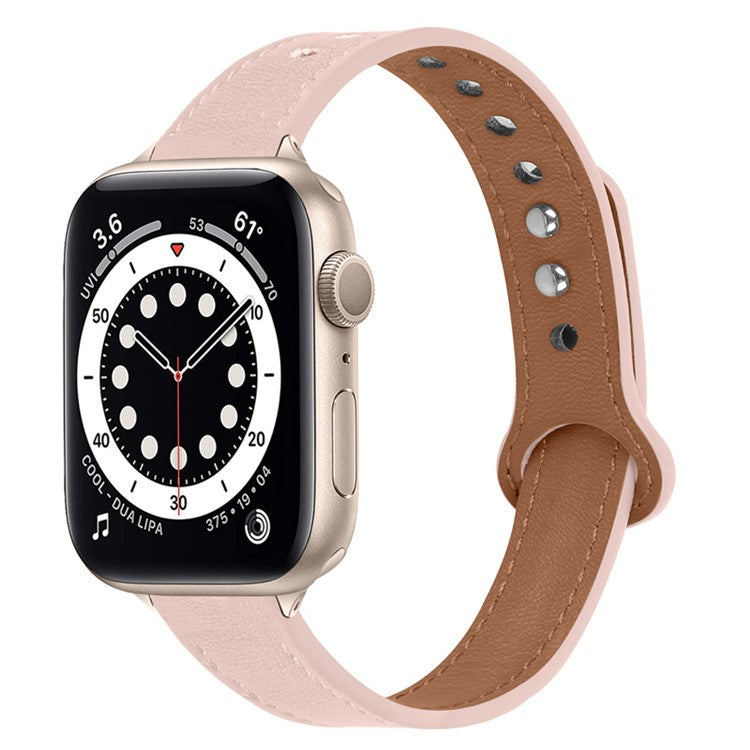 For Apple Watch Series 10 42mm / 9 8 7 41mm / 6 5 4 SE SE (2022) SE (2023) 40mm / 3 2 1 38mm Genuine Cowhide Leather Watch Band Double Snap Button Watch Strap (Retro Gold Connector) - Light Pink