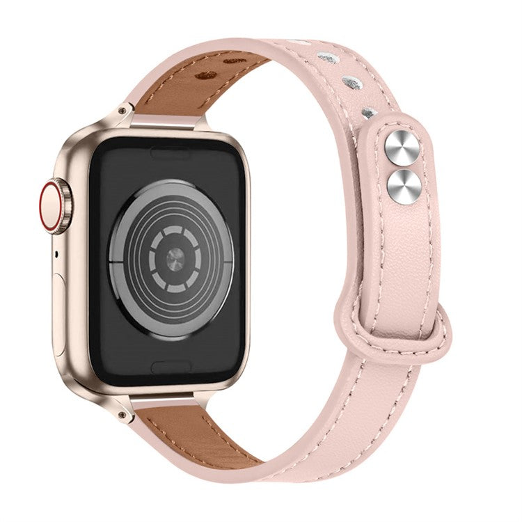 For Apple Watch Series 10 42mm / 9 8 7 41mm / 6 5 4 SE SE (2022) SE (2023) 40mm / 3 2 1 38mm Genuine Cowhide Leather Watch Band Double Snap Button Watch Strap (Retro Gold Connector) - Light Pink
