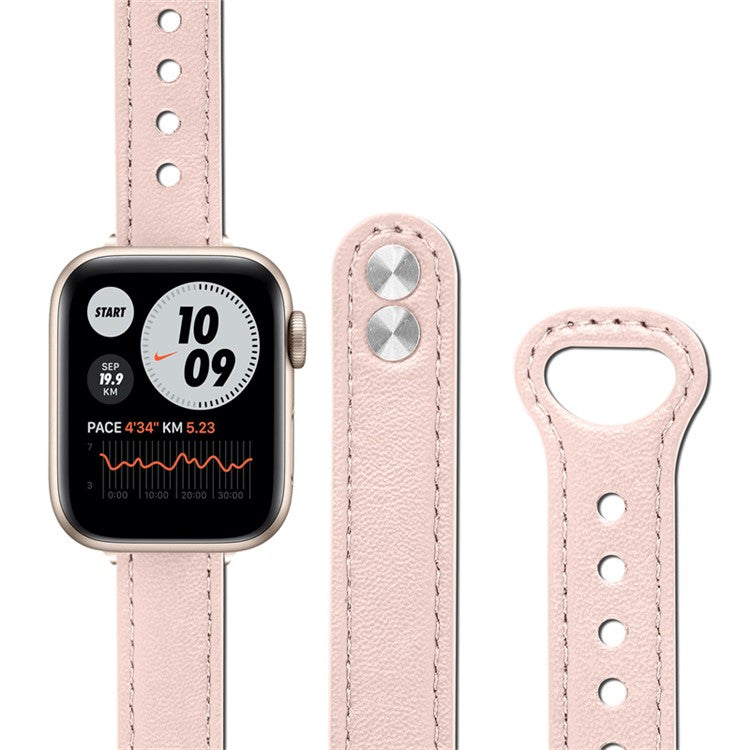 For Apple Watch Series 10 42mm / 9 8 7 41mm / 6 5 4 SE SE (2022) SE (2023) 40mm / 3 2 1 38mm Genuine Cowhide Leather Watch Band Double Snap Button Watch Strap (Retro Gold Connector) - Light Pink
