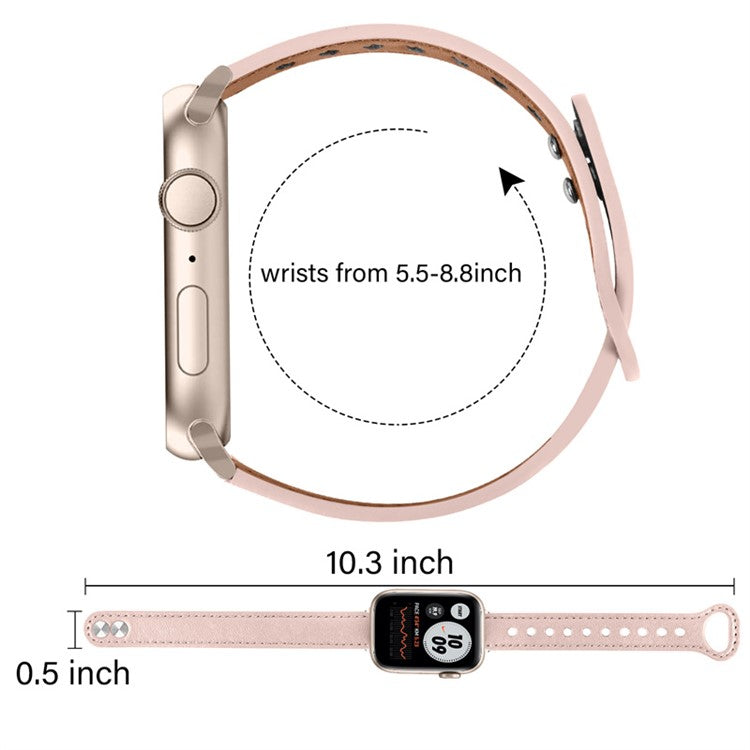 For Apple Watch Series 10 42mm / 9 8 7 41mm / 6 5 4 SE SE (2022) SE (2023) 40mm / 3 2 1 38mm Genuine Cowhide Leather Watch Band Double Snap Button Watch Strap (Retro Gold Connector) - Light Pink