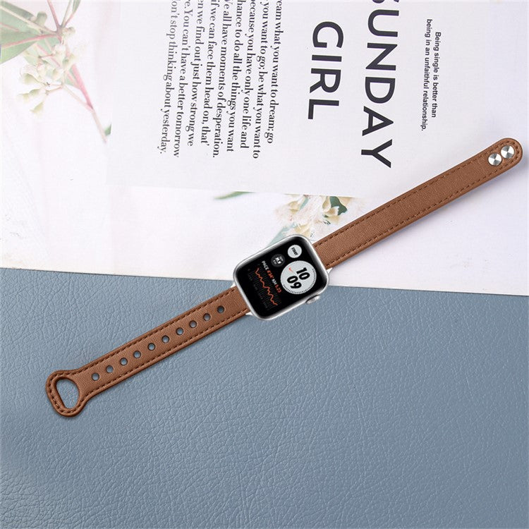 For Apple Watch Series 10 46mm / Ultra 2 Ultra 49mm / 9 8 7 45mm / SE (2023) SE (2022) SE 6 5 4 44mm / 3 2 1 42mm Genuine Cowhide Leather Watch Band Double Snap Button Strap, Silver Connector - Brown