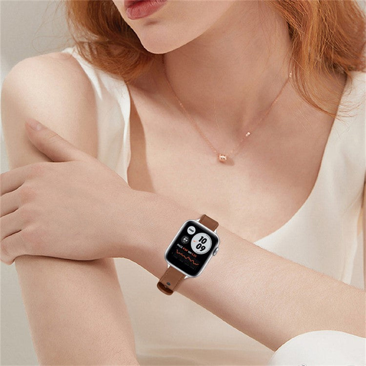 For Apple Watch Series 10 46mm / Ultra 2 Ultra 49mm / 9 8 7 45mm / SE (2023) SE (2022) SE 6 5 4 44mm / 3 2 1 42mm Genuine Cowhide Leather Watch Band Double Snap Button Strap, Silver Connector - Brown