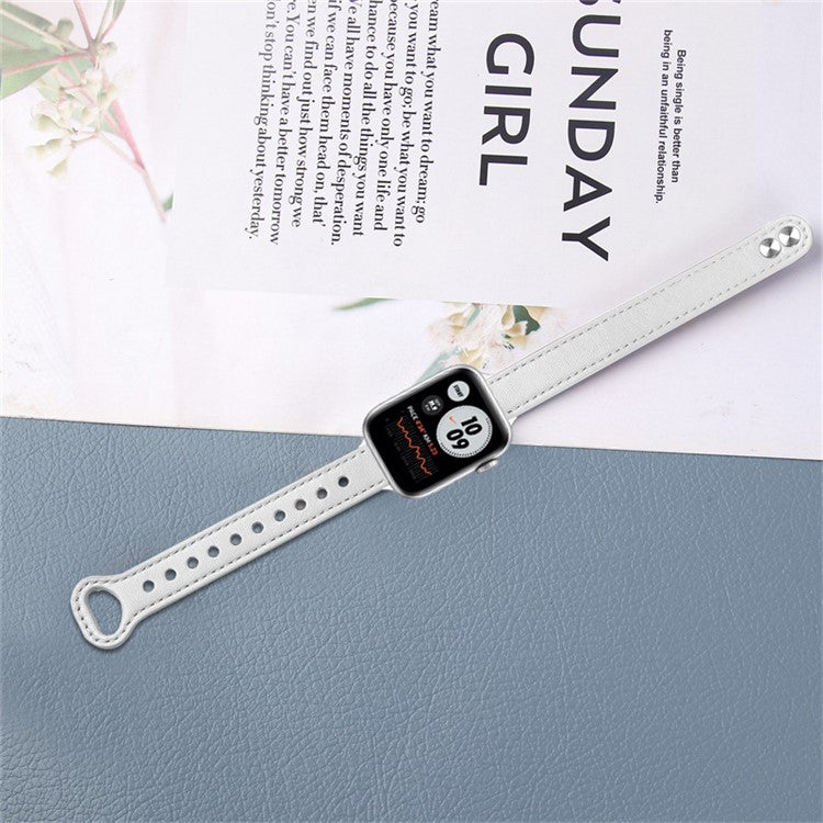 For Apple Watch Series 10 42mm / 9 8 7 41mm / 6 5 4 SE SE (2022) SE (2023) 40mm / 3 2 1 38mm Genuine Cowhide Leather Watch Band Double Snap Button Replacement Strap (Black Connector) - White