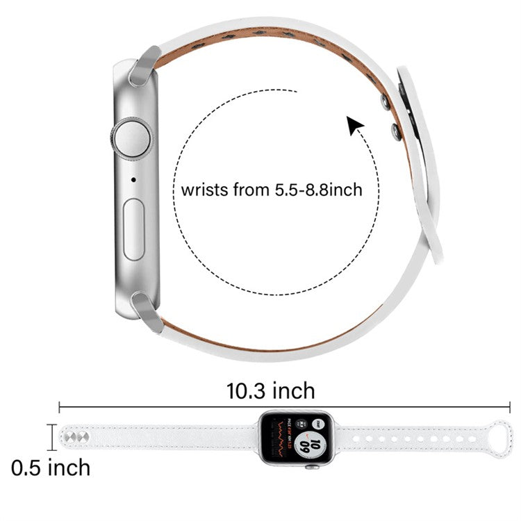 For Apple Watch Series 10 42mm / 9 8 7 41mm / 6 5 4 SE SE (2022) SE (2023) 40mm / 3 2 1 38mm Genuine Cowhide Leather Watch Band Double Snap Button Replacement Strap (Black Connector) - White