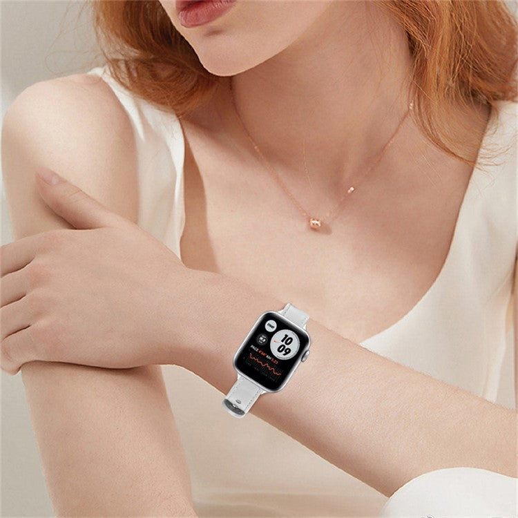 For Apple Watch Series 10 42mm / 9 8 7 41mm / 6 5 4 SE SE (2022) SE (2023) 40mm / 3 2 1 38mm Genuine Cowhide Leather Watch Band Double Snap Button Replacement Strap (Black Connector) - White