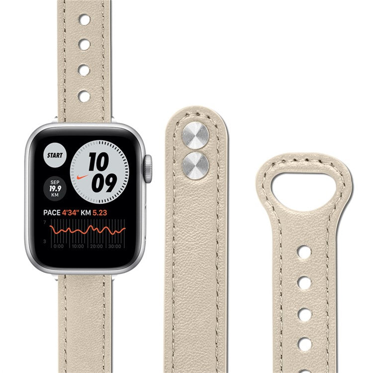 For Apple Watch Series 10 42mm / 9 8 7 41mm / 6 5 4 SE SE (2022) SE (2023) 40mm / 3 2 1 38mm Genuine Cowhide Leather Watch Band Double Snap Button Replacement Strap (Black Connector) - Ivory White