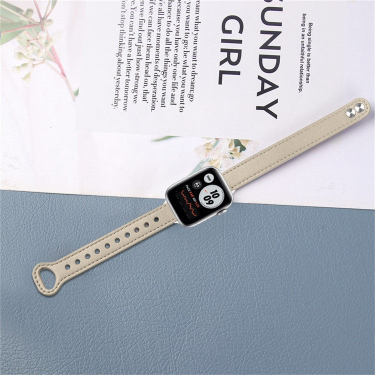 For Apple Watch Series 10 42mm / 9 8 7 41mm / 6 5 4 SE SE (2022) SE (2023) 40mm / 3 2 1 38mm Genuine Cowhide Leather Watch Band Double Snap Button Replacement Strap (Black Connector) - Ivory White