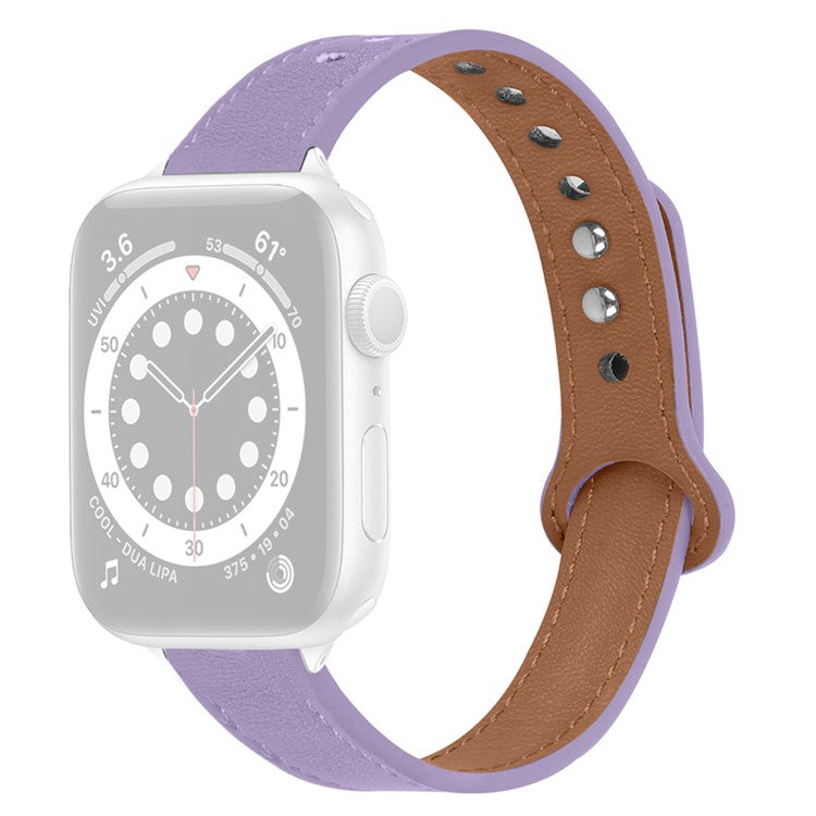 For Apple Watch Series 10 46mm / Ultra 2 Ultra 49mm / 9 8 7 45mm / SE (2023) SE (2022) SE 6 5 4 44mm / 3 2 1 42mm Top Layer Cowhide Quick Release Double Rivet Watch Strap, Black Connector - Light Purple