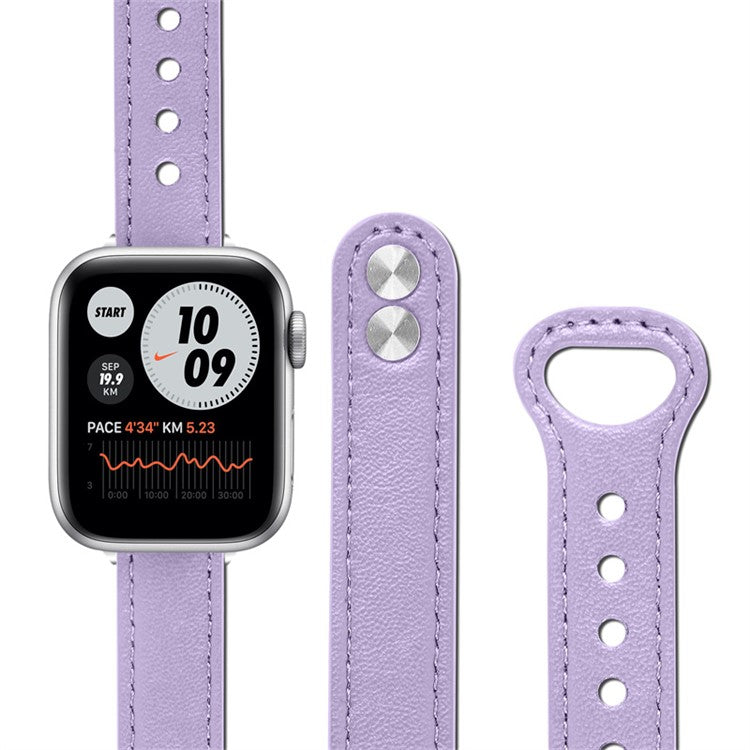 For Apple Watch Series 10 46mm / Ultra 2 Ultra 49mm / 9 8 7 45mm / SE (2023) SE (2022) SE 6 5 4 44mm / 3 2 1 42mm Top Layer Cowhide Quick Release Double Rivet Watch Strap, Black Connector - Light Purple