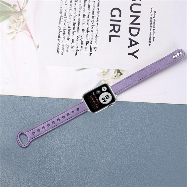 For Apple Watch Series 10 46mm / Ultra 2 Ultra 49mm / 9 8 7 45mm / SE (2023) SE (2022) SE 6 5 4 44mm / 3 2 1 42mm Top Layer Cowhide Quick Release Double Rivet Watch Strap, Black Connector - Light Purple
