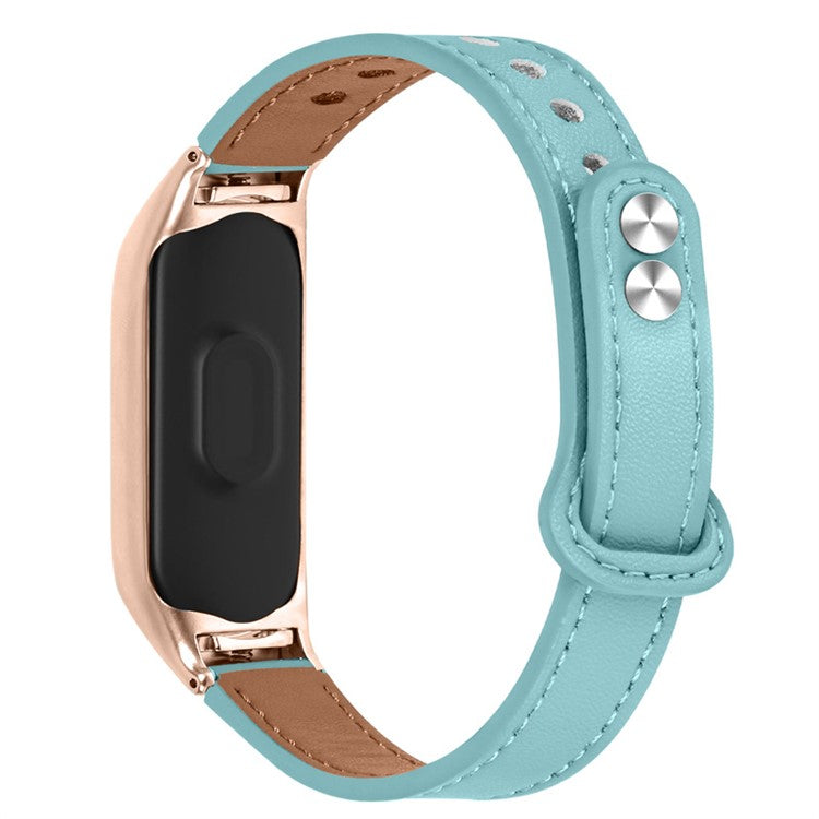 For Xiaomi Mi Band 5 / 6 Smart Watch Top Layer Cowhide Strap Replacement Wrist Band with Double Rivet, Rose Gold Watch Case - Blue