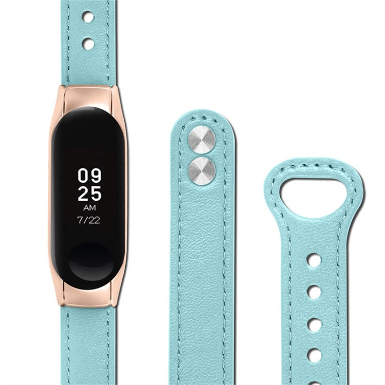 For Xiaomi Mi Band 5 / 6 Smart Watch Top Layer Cowhide Strap Replacement Wrist Band with Double Rivet, Rose Gold Watch Case - Blue
