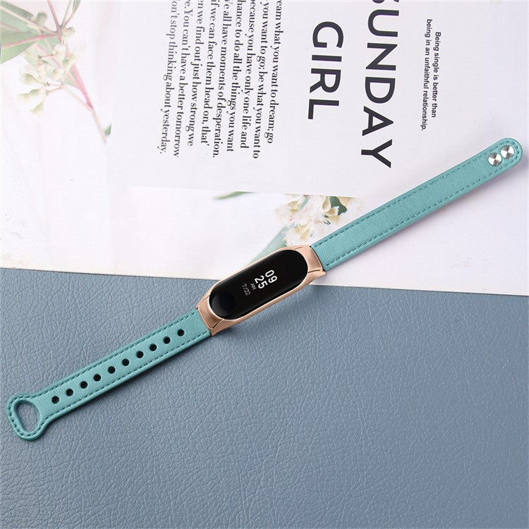 For Xiaomi Mi Band 5 / 6 Smart Watch Top Layer Cowhide Strap Replacement Wrist Band with Double Rivet, Rose Gold Watch Case - Blue