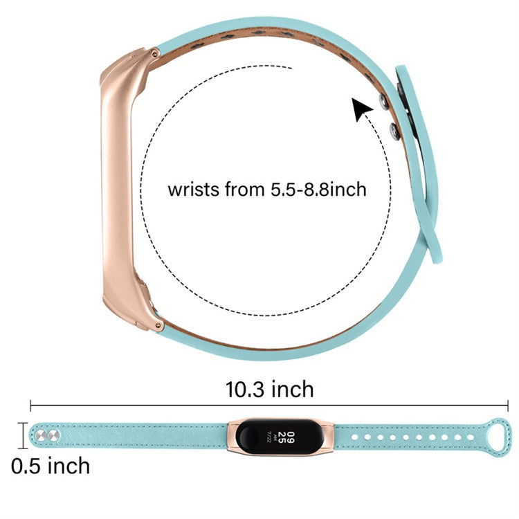 For Xiaomi Mi Band 5 / 6 Smart Watch Top Layer Cowhide Strap Replacement Wrist Band with Double Rivet, Rose Gold Watch Case - Blue