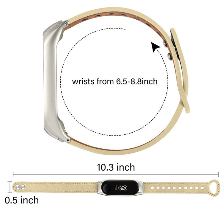 For Xiaomi Mi Band 7 Top Layer Cowhide Replacement Strap Adjustable Wrist Band with Double Rivet, Rose Gold Watch Case - Light Apricot
