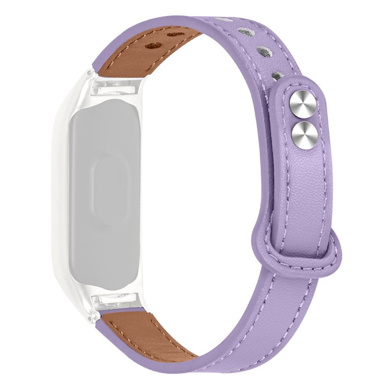 Top Layer Cowhide Strap for Xiaomi Mi Band 3 / 4, Double Rivet Design Wrist Band Replacement, Black Watch Case - Light Purple