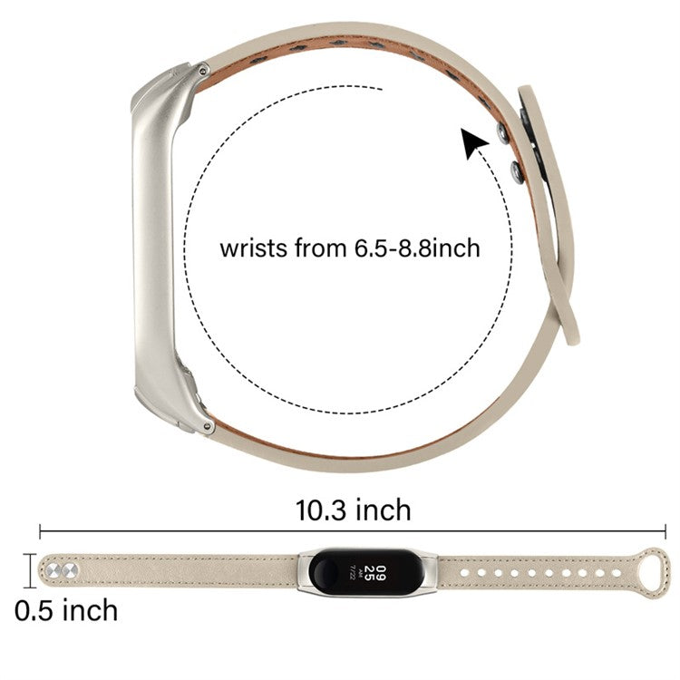 Top Layer Cowhide Strap for Xiaomi Mi Band 3 / 4, Double Rivet Design Wrist Band Replacement, Black Watch Case - Ivory White