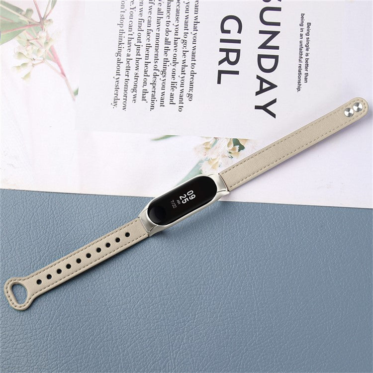 Top Layer Cowhide Strap for Xiaomi Mi Band 3 / 4, Double Rivet Design Wrist Band Replacement, Black Watch Case - Ivory White