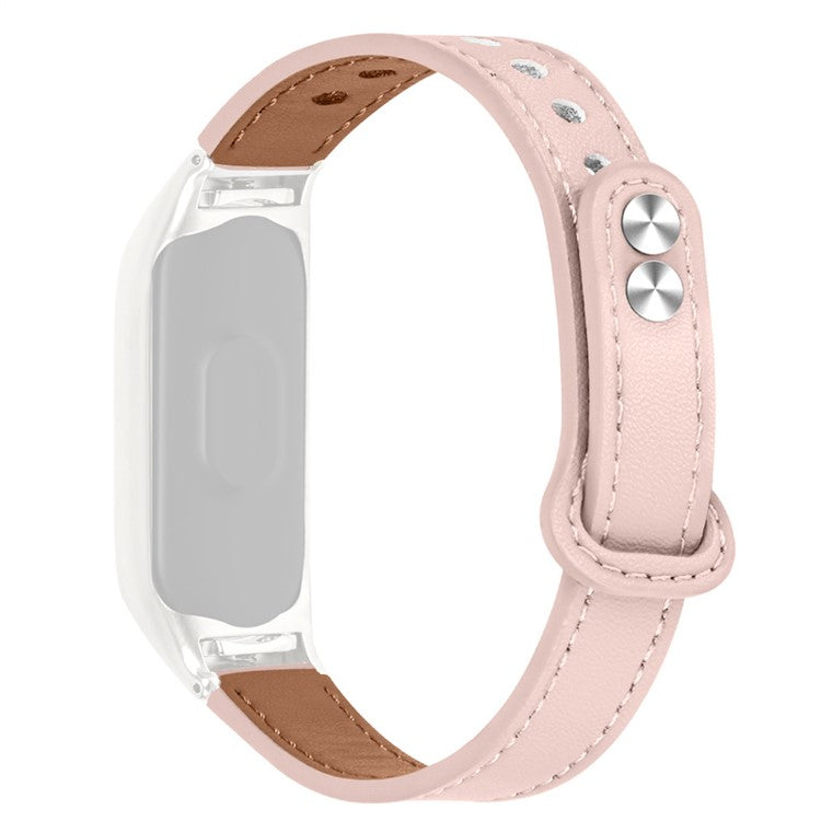 Adjustable Wrist Band for Xiaomi Mi Band 7 Top Layer Cowhide Replacement Strap with Double Rivet, Black Watch Case - Light Pink