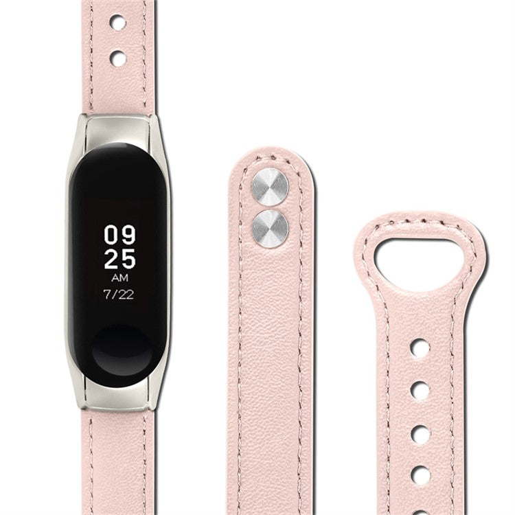 Adjustable Wrist Band for Xiaomi Mi Band 7 Top Layer Cowhide Replacement Strap with Double Rivet, Black Watch Case - Light Pink