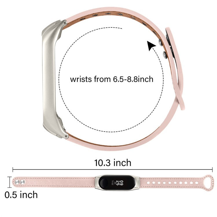 Adjustable Wrist Band for Xiaomi Mi Band 7 Top Layer Cowhide Replacement Strap with Double Rivet, Black Watch Case - Light Pink