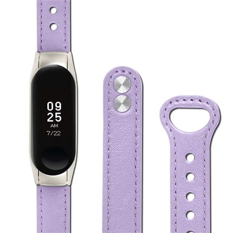 For Xiaomi Mi Band 7 Replacement Strap Top Layer Cowhide Adjustable Wrist Band with Double Rivet, Silver Watch Case - Light Purple
