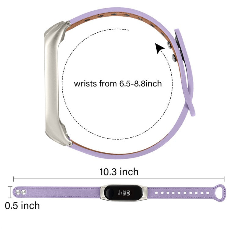 For Xiaomi Mi Band 7 Replacement Strap Top Layer Cowhide Adjustable Wrist Band with Double Rivet, Silver Watch Case - Light Purple