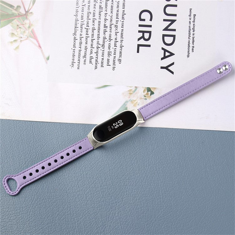 For Xiaomi Mi Band 7 Replacement Strap Top Layer Cowhide Adjustable Wrist Band with Double Rivet, Silver Watch Case - Light Purple
