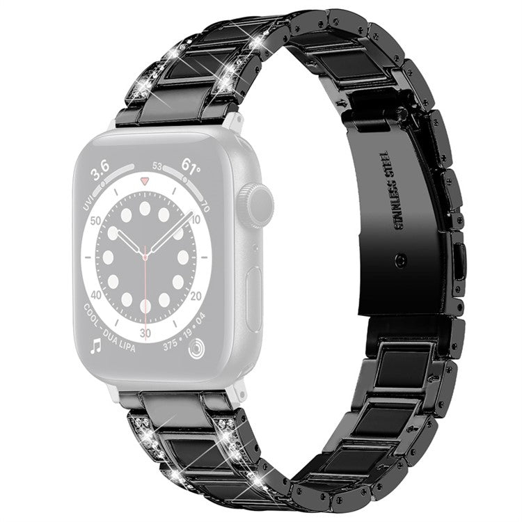 For Apple Watch Series 10 46mm / Ultra 2 Ultra 49mm / 9 8 7 45mm / SE (2023) SE (2022) SE 6 5 4 44mm / 3 2 1 42mm Resin Watch Band Rhinestone Decor Stainless Steel Strap - Black