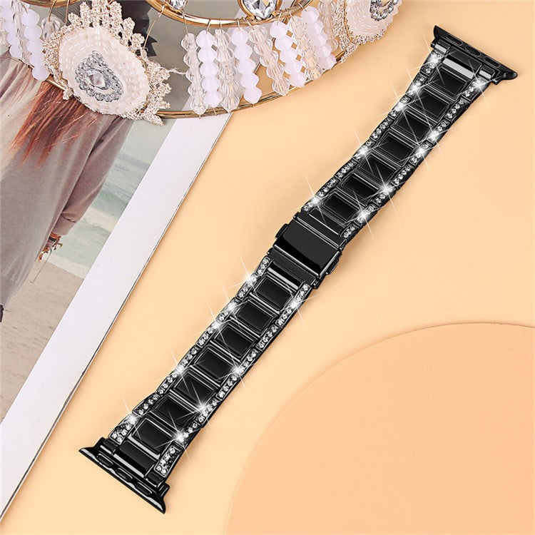 For Apple Watch Series 10 46mm / Ultra 2 Ultra 49mm / 9 8 7 45mm / SE (2023) SE (2022) SE 6 5 4 44mm / 3 2 1 42mm Resin Watch Band Rhinestone Decor Stainless Steel Strap - Black