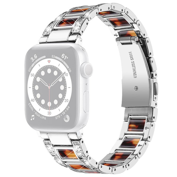 For Apple Watch Series 10 46mm / Ultra 2 Ultra 49mm / 9 8 7 45mm / SE (2023) SE (2022) SE 6 5 4 44mm / 3 2 1 42mm Stainless Steel Resin Watch Band Rhinestone Decor Wristband - Silver / Black