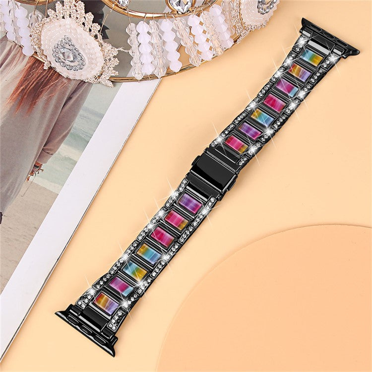 For Apple Watch Series 10 42mm / 9 8 7 41mm / 6 5 4 SE SE (2022) SE (2023) 40mm / 3 2 1 38mm Stainless Steel Watch Band Bling Rhinestone Resin Bracelet Strap Replacement - Black / Colorful