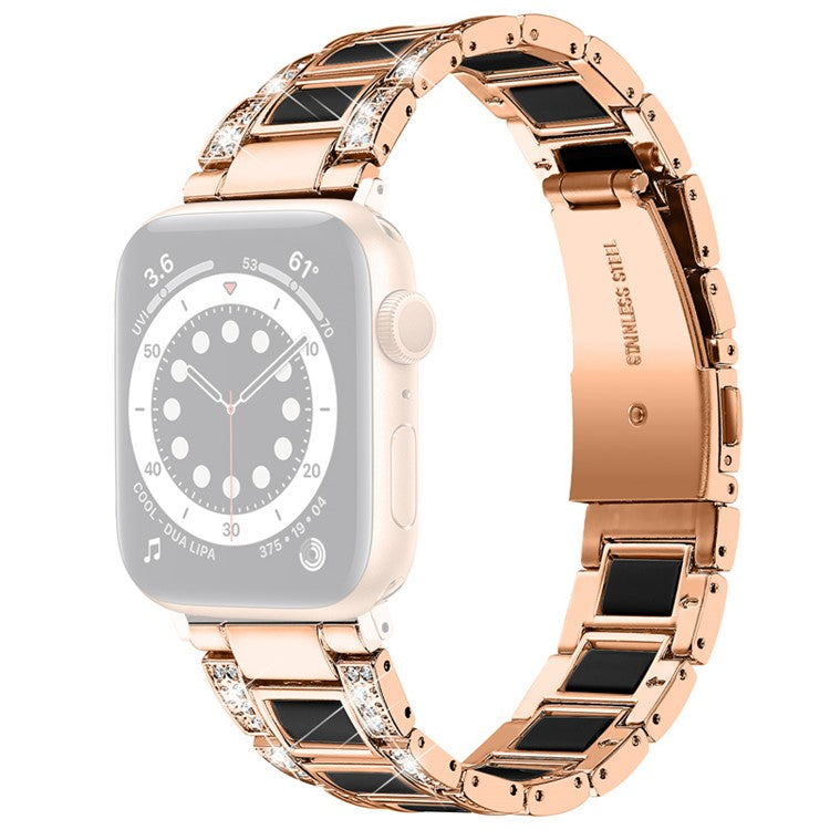 For Apple Watch Series 10 42mm / 9 8 7 41mm / 6 5 4 SE SE (2022) SE (2023) 40mm / 3 2 1 38mm Stainless Steel Watch Band Bling Rhinestone Resin Bracelet Strap Replacement - Rose Gold / Black