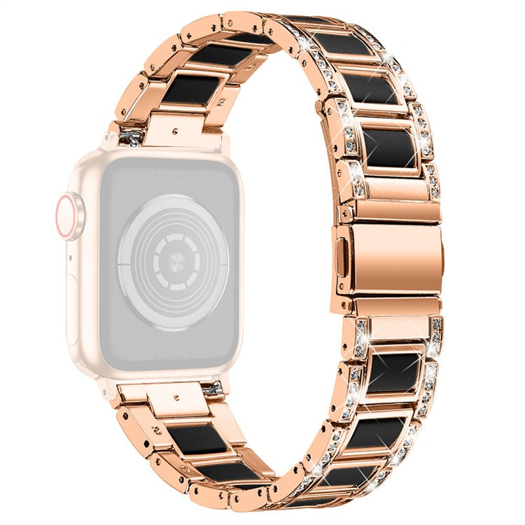 For Apple Watch Series 10 42mm / 9 8 7 41mm / 6 5 4 SE SE (2022) SE (2023) 40mm / 3 2 1 38mm Stainless Steel Watch Band Bling Rhinestone Resin Bracelet Strap Replacement - Rose Gold / Black