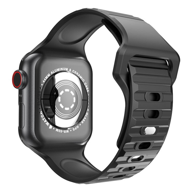For Apple Watch Series 10 46mm / Ultra 2 Ultra 49mm / 9 8 7 45mm / SE (2023) SE (2022) SE 6 5 4 44mm / 3 2 1 42mm Stripe Design Silicone Wrist Band Replacement Adjustable Watch Strap - Black