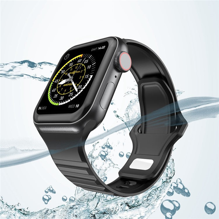 For Apple Watch Series 10 46mm / Ultra 2 Ultra 49mm / 9 8 7 45mm / SE (2023) SE (2022) SE 6 5 4 44mm / 3 2 1 42mm Stripe Design Silicone Wrist Band Replacement Adjustable Watch Strap - Black