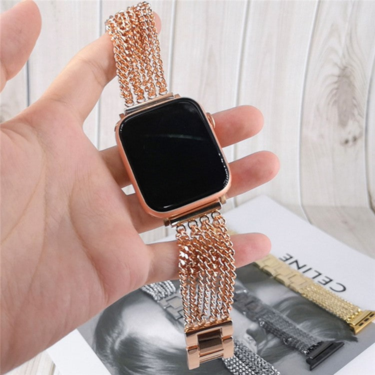 For Apple Watch Series 10 46mm / Ultra 2 Ultra 49mm / 9 8 7 45mm / SE (2023) SE (2022) SE 6 5 4 44mm / 3 2 1 42mm Multiple Chains Stainless Steel Watch Band Replacement Hollow-Out Wrist Strap - Gold