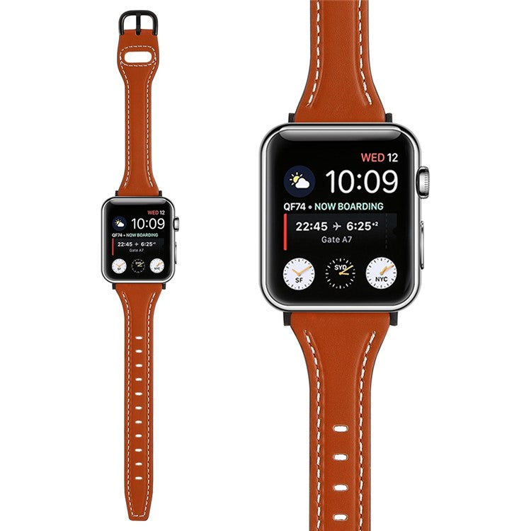 For Apple Watch Series 10 42mm / 9 8 7 41mm / 6 5 4 SE SE (2022) SE (2023) 40mm / 3 2 1 38mm T-Shaped Watch Strap Genuine Leather Wrist Band - Brown / Black Buckle