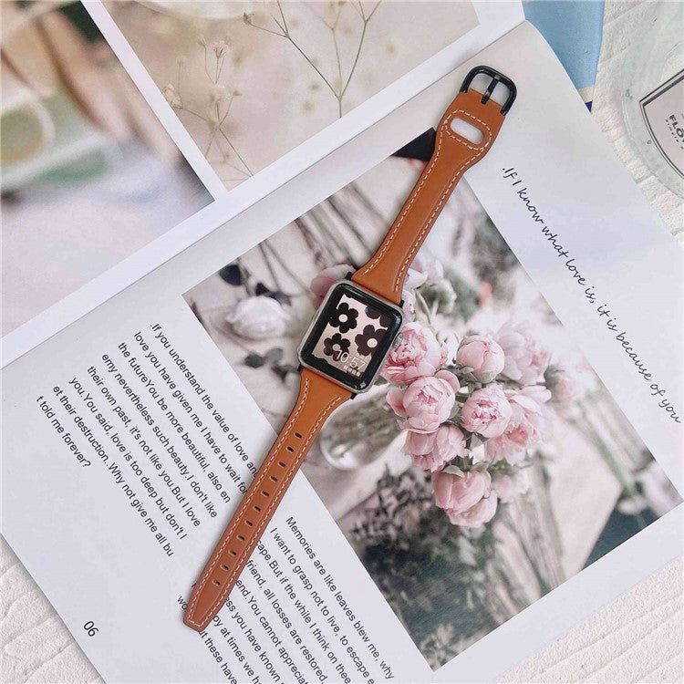 For Apple Watch Series 10 42mm / 9 8 7 41mm / 6 5 4 SE SE (2022) SE (2023) 40mm / 3 2 1 38mm T-Shaped Watch Strap Genuine Leather Wrist Band - Brown / Black Buckle