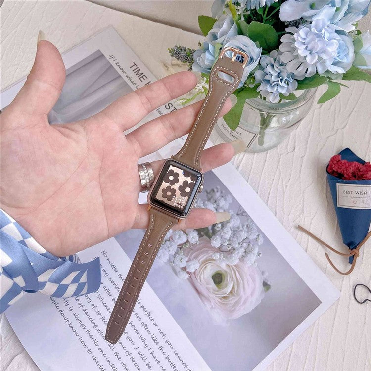 For Apple Watch Series 10 42mm / 9 8 7 41mm / 6 5 4 SE SE (2022) SE (2023) 40mm / 3 2 1 38mm T-Shaped Watch Strap Genuine Leather Wrist Band - Brown / Black Buckle