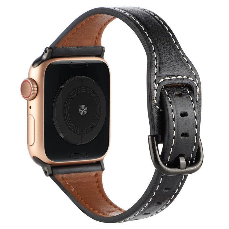 For Apple Watch Series 10 46mm / Ultra 2 Ultra 49mm / 9 8 7 45mm / SE (2023) SE (2022) SE 6 5 4 44mm / 3 2 1 42mm T-Shaped Genuine Leather Watch Band Adjustable Wrist Strap - Black / Black Buckle