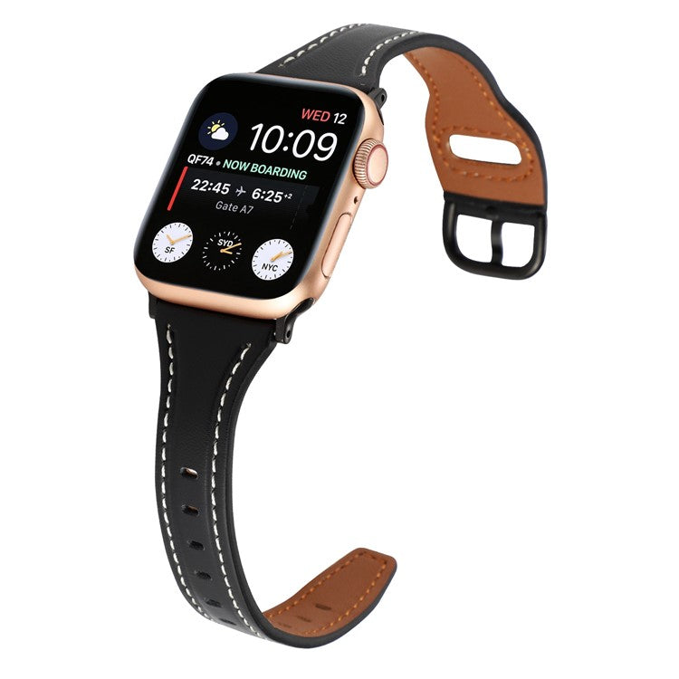 For Apple Watch Series 10 46mm / Ultra 2 Ultra 49mm / 9 8 7 45mm / SE (2023) SE (2022) SE 6 5 4 44mm / 3 2 1 42mm T-Shaped Genuine Leather Watch Band Adjustable Wrist Strap - Black / Black Buckle